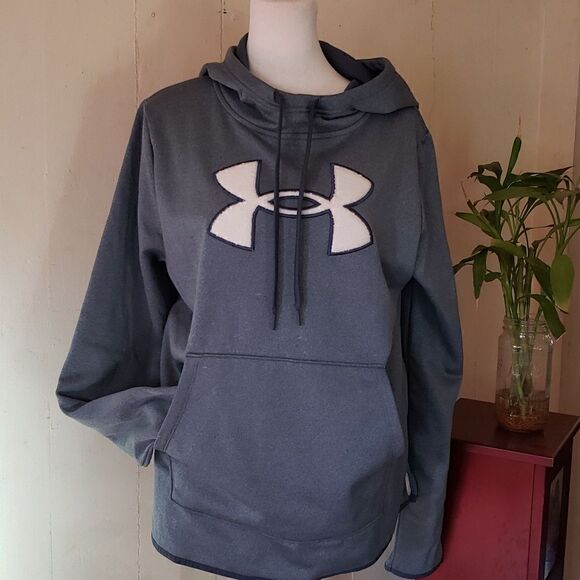 UNDER ARMOUR Women's Fleece Big Logo Chenille/Shine Hoodie Mechanic Blue L - Picture 2 of 7